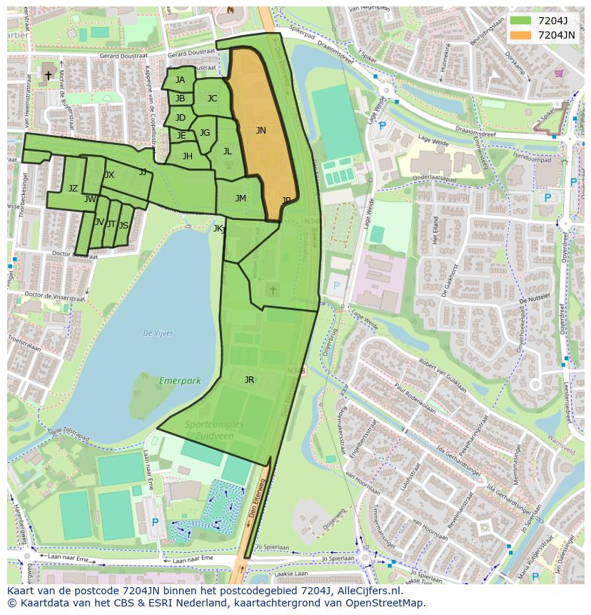 Afbeelding van het postcodegebied 7204 JN op de kaart.