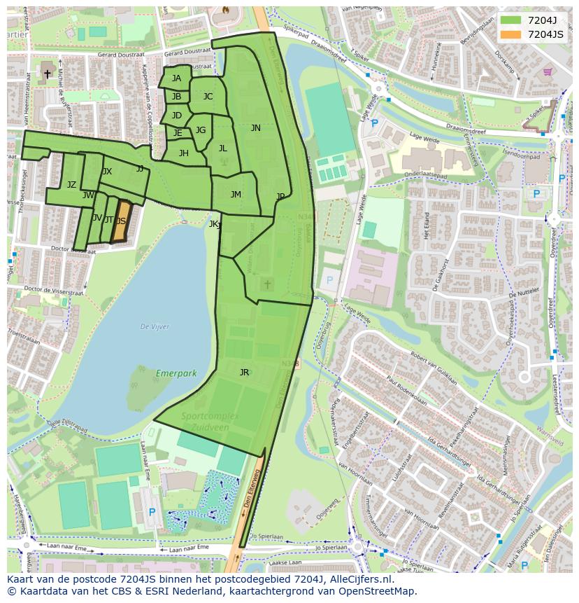 Afbeelding van het postcodegebied 7204 JS op de kaart.