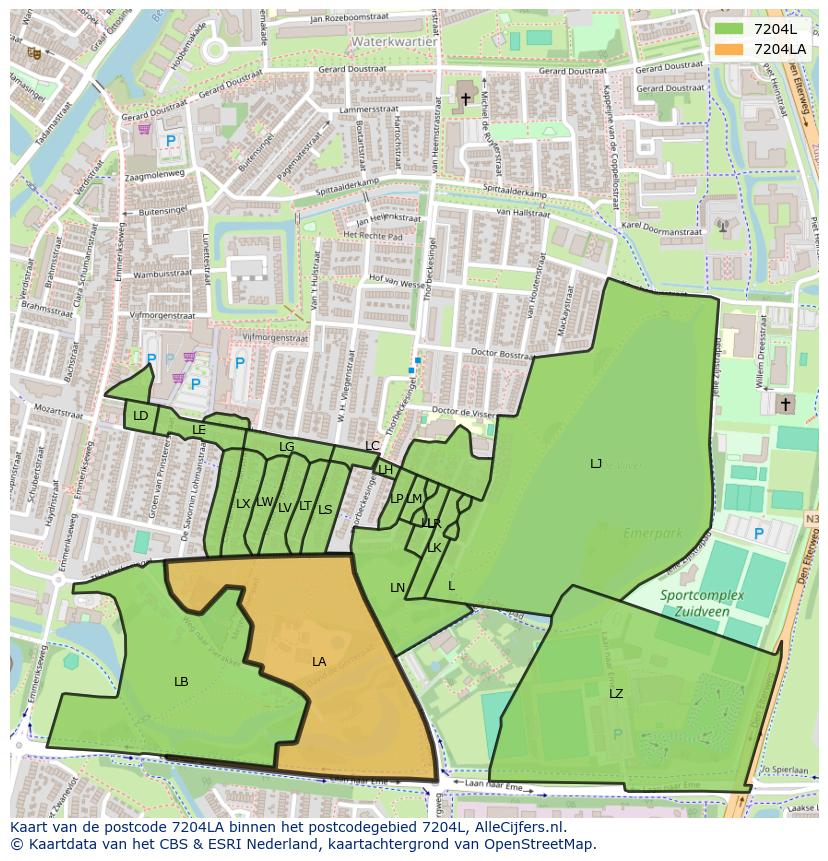 Afbeelding van het postcodegebied 7204 LA op de kaart.