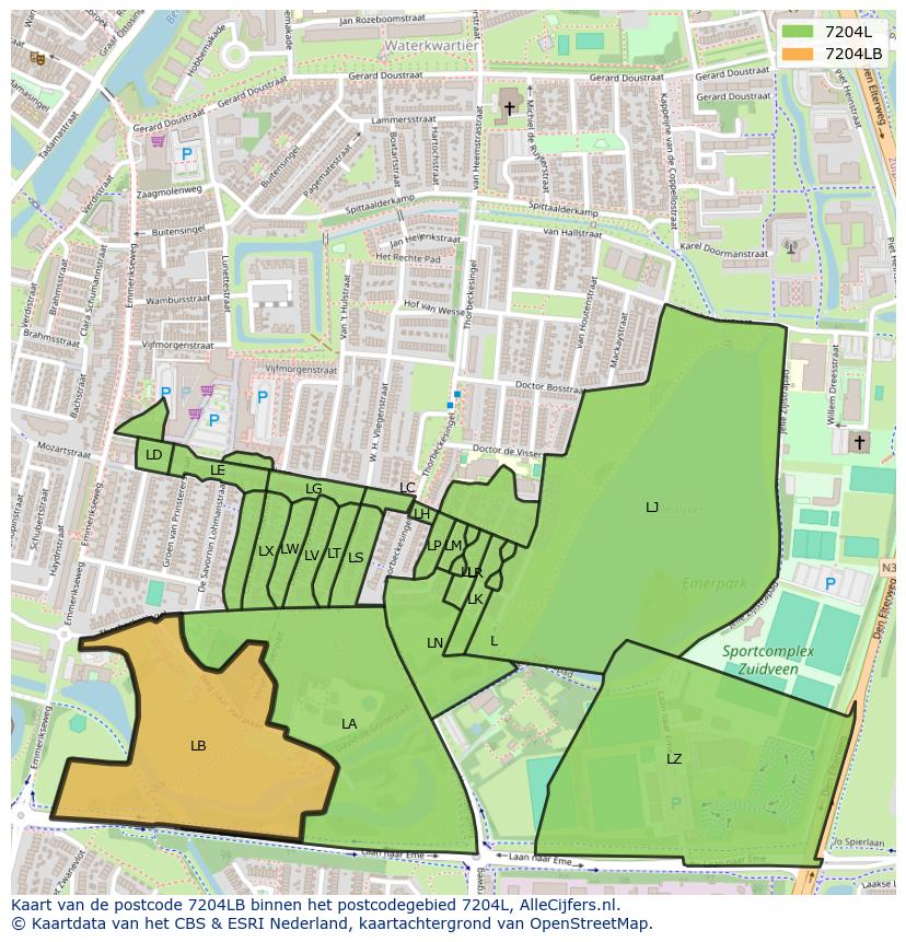 Afbeelding van het postcodegebied 7204 LB op de kaart.