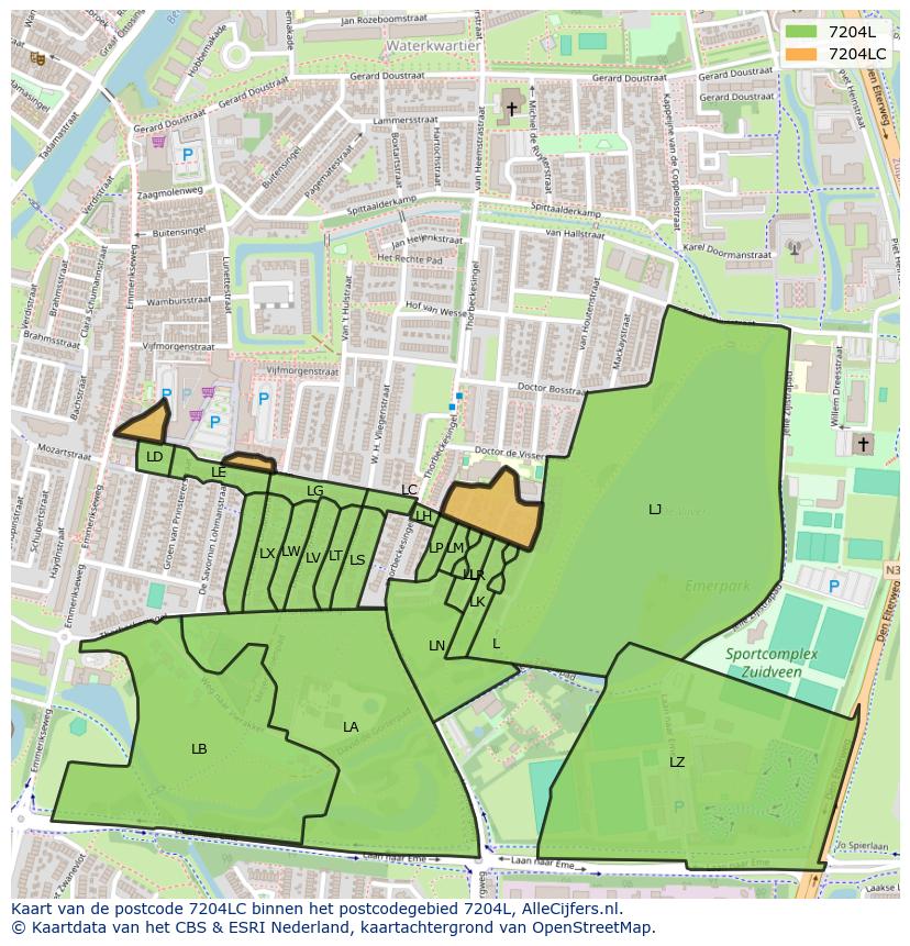 Afbeelding van het postcodegebied 7204 LC op de kaart.