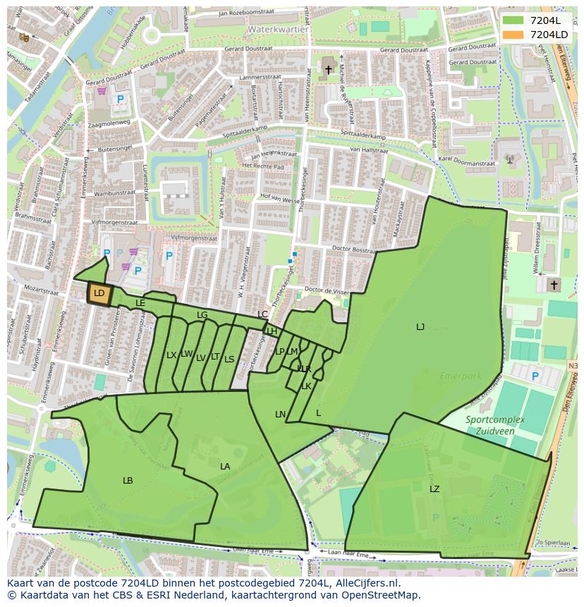 Afbeelding van het postcodegebied 7204 LD op de kaart.