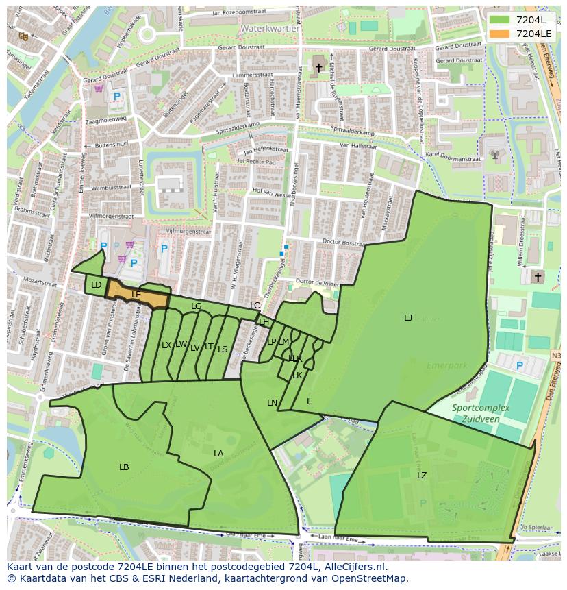 Afbeelding van het postcodegebied 7204 LE op de kaart.