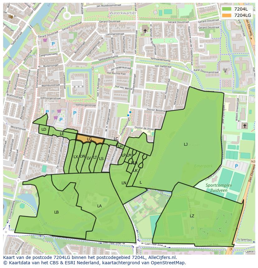 Afbeelding van het postcodegebied 7204 LG op de kaart.