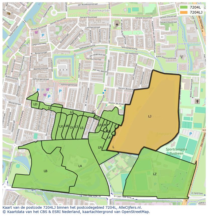 Afbeelding van het postcodegebied 7204 LJ op de kaart.