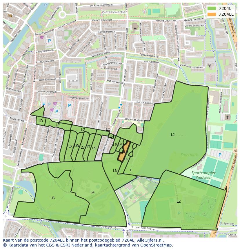 Afbeelding van het postcodegebied 7204 LL op de kaart.