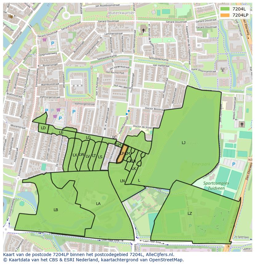 Afbeelding van het postcodegebied 7204 LP op de kaart.