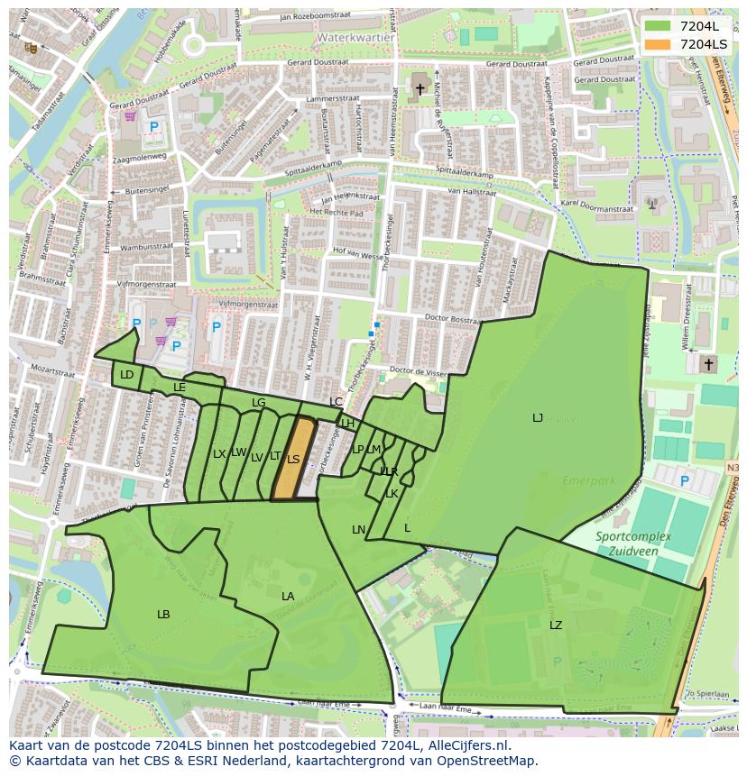 Afbeelding van het postcodegebied 7204 LS op de kaart.