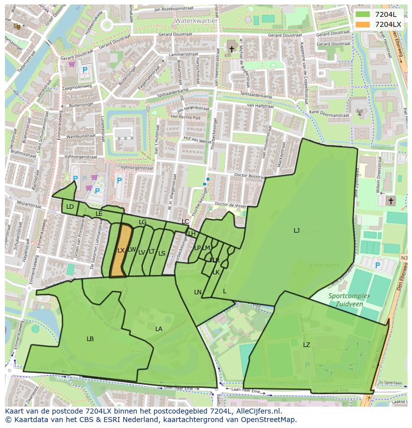 Afbeelding van het postcodegebied 7204 LX op de kaart.