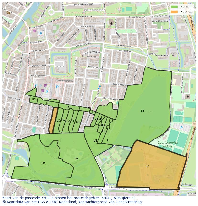 Afbeelding van het postcodegebied 7204 LZ op de kaart.