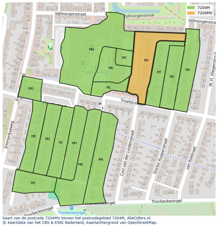 Afbeelding van het postcodegebied 7204 MV op de kaart.