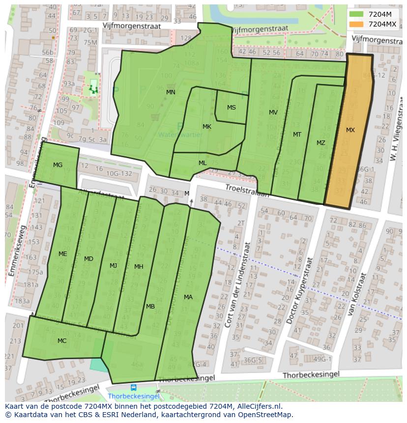 Afbeelding van het postcodegebied 7204 MX op de kaart.