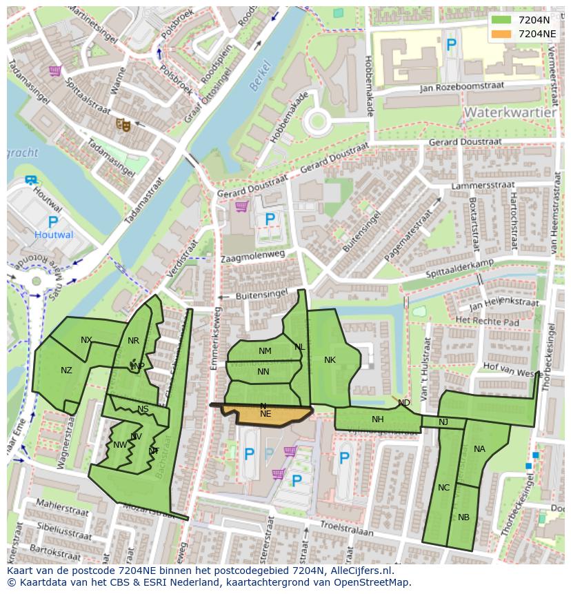 Afbeelding van het postcodegebied 7204 NE op de kaart.