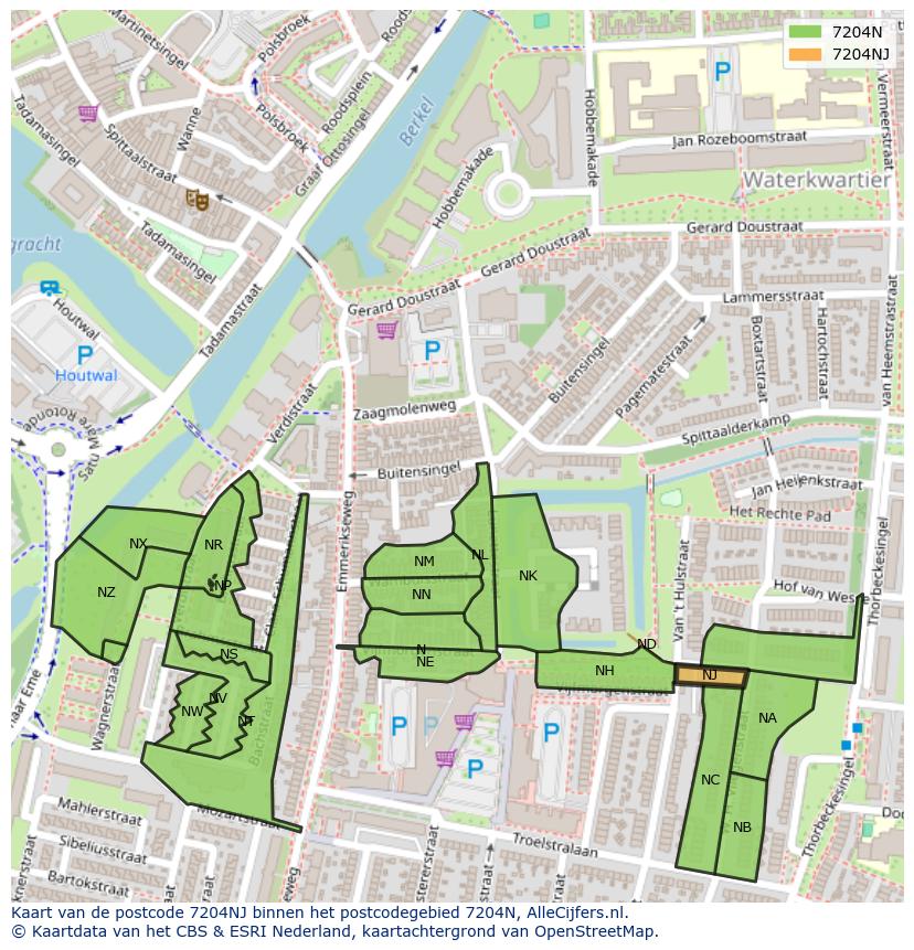 Afbeelding van het postcodegebied 7204 NJ op de kaart.
