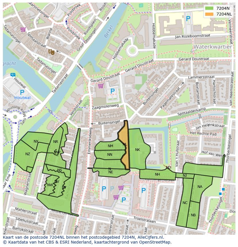 Afbeelding van het postcodegebied 7204 NL op de kaart.