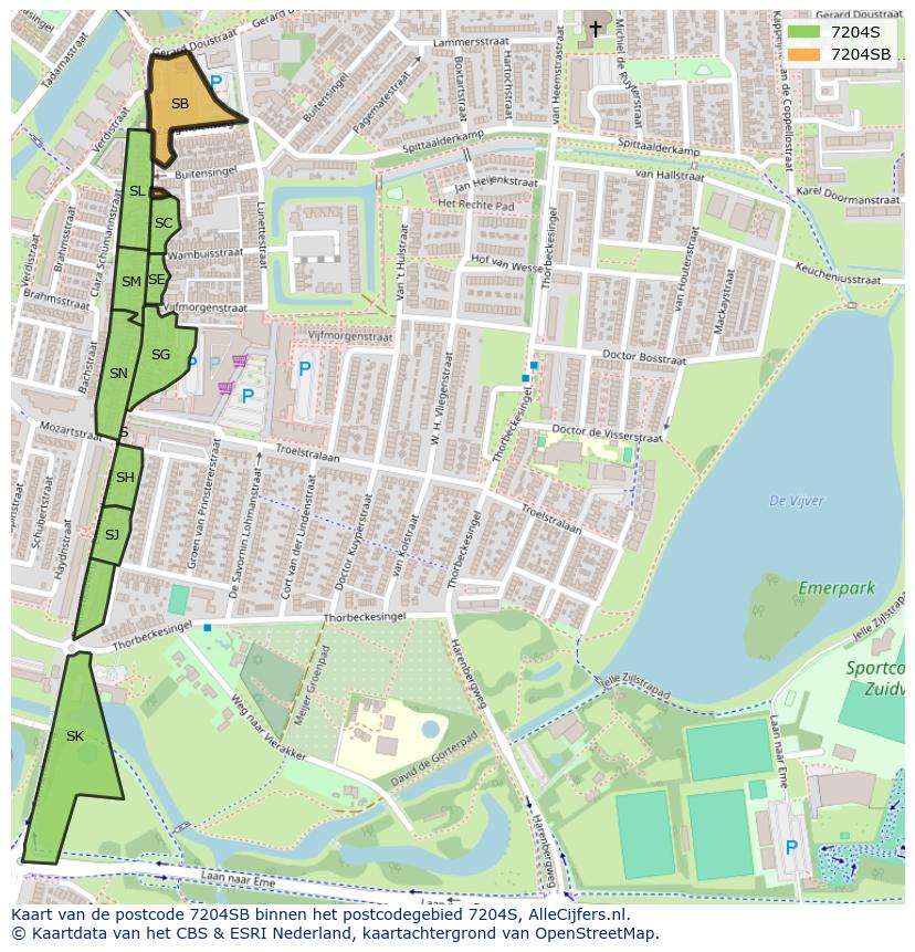Afbeelding van het postcodegebied 7204 SB op de kaart.