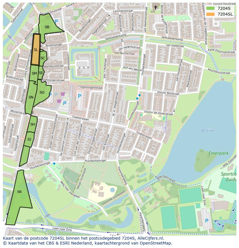 Afbeelding van het postcodegebied 7204 SL op de kaart.