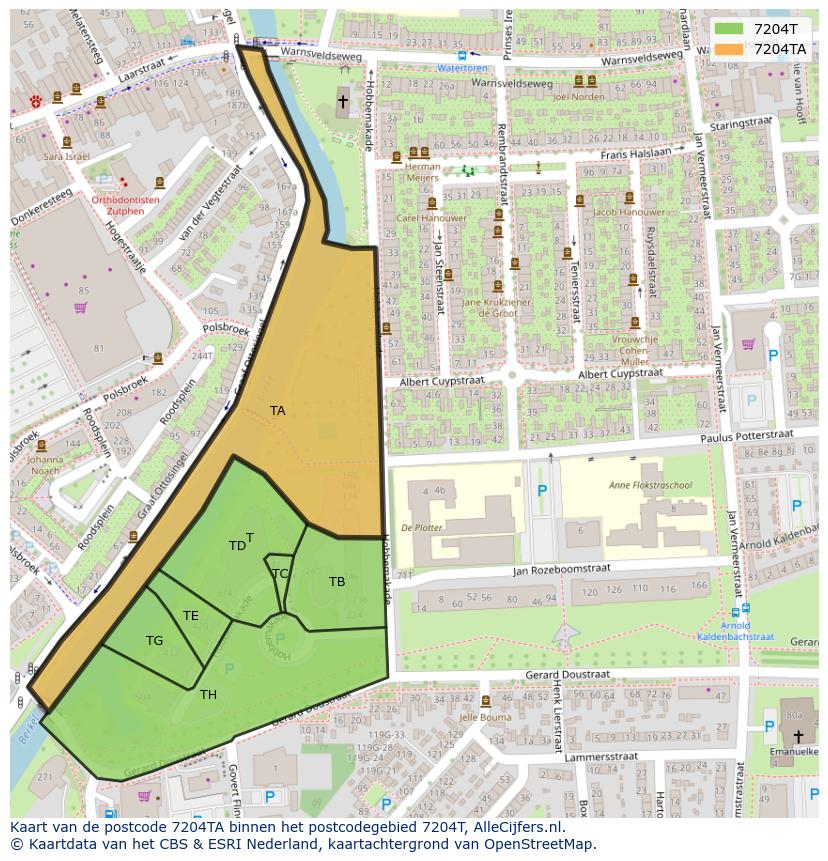 Afbeelding van het postcodegebied 7204 TA op de kaart.