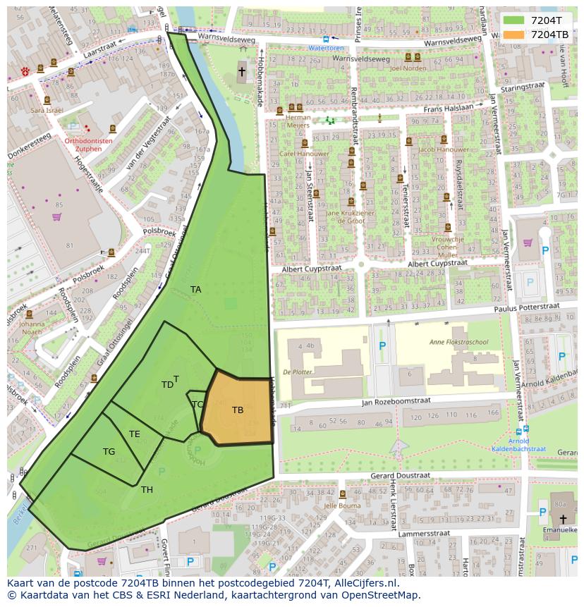 Afbeelding van het postcodegebied 7204 TB op de kaart.