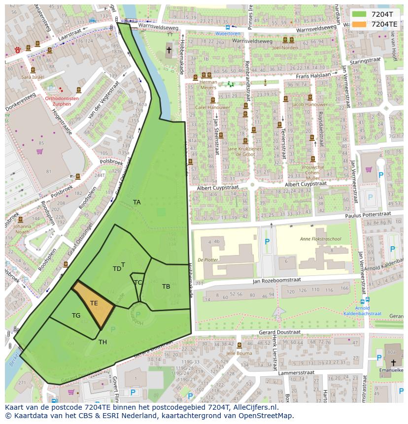Afbeelding van het postcodegebied 7204 TE op de kaart.