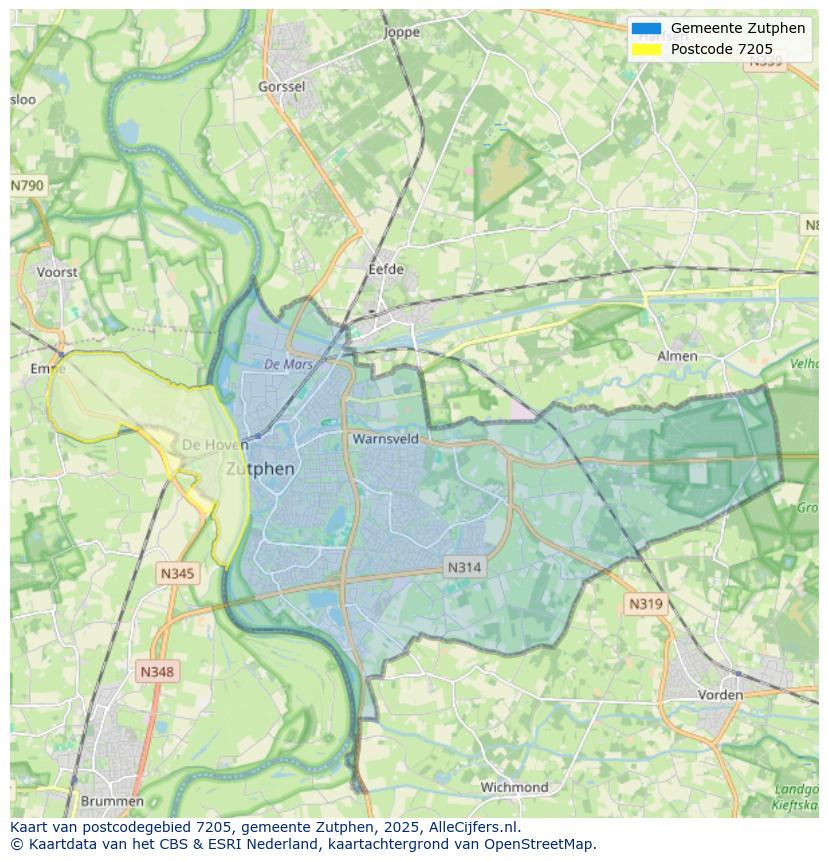 Afbeelding van het postcodegebied 7205 op de kaart.