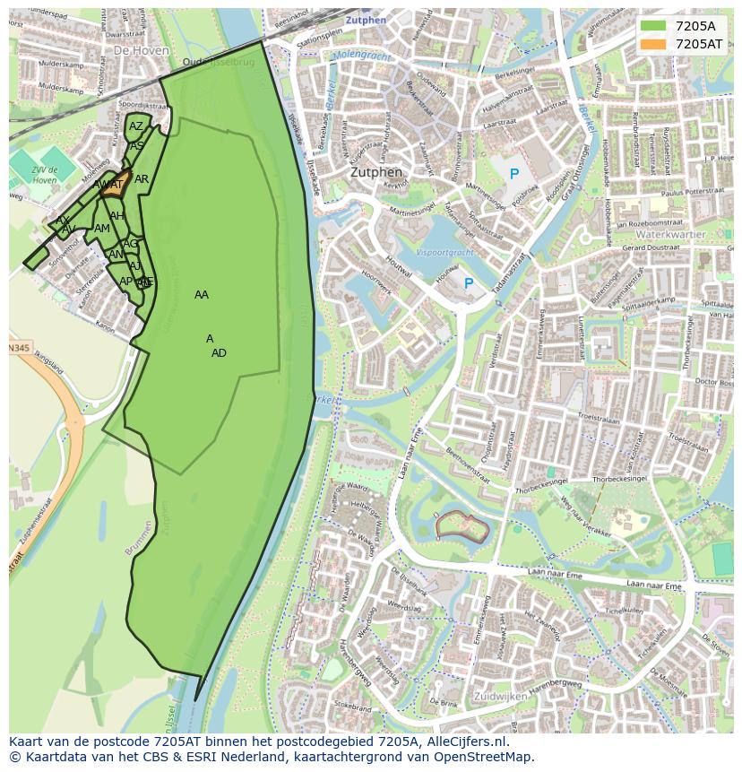 Afbeelding van het postcodegebied 7205 AT op de kaart.