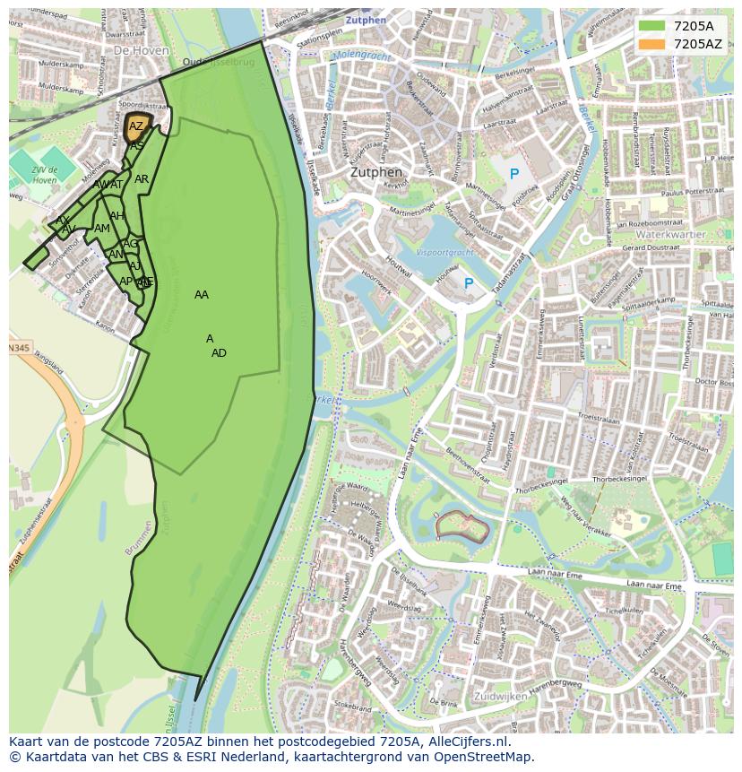 Afbeelding van het postcodegebied 7205 AZ op de kaart.