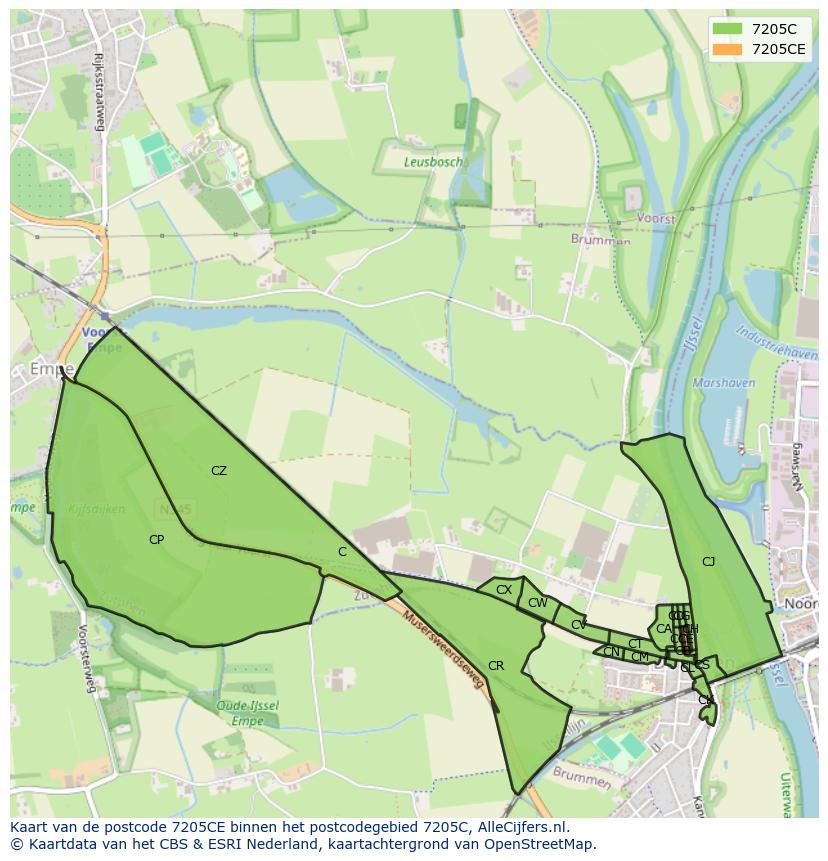 Afbeelding van het postcodegebied 7205 CE op de kaart.