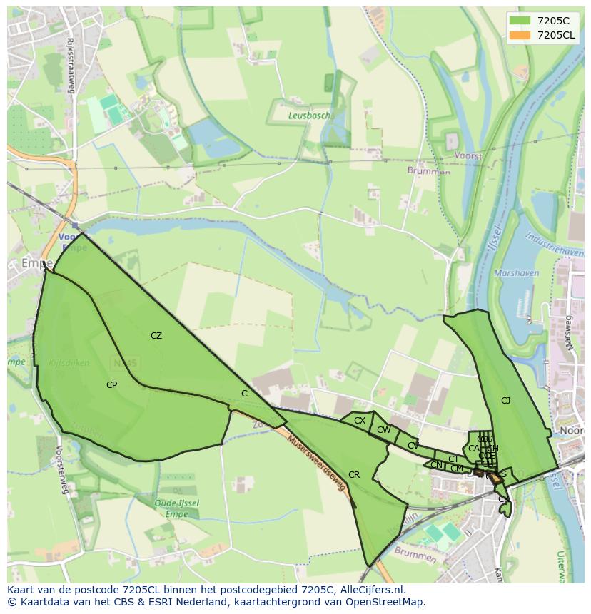 Afbeelding van het postcodegebied 7205 CL op de kaart.