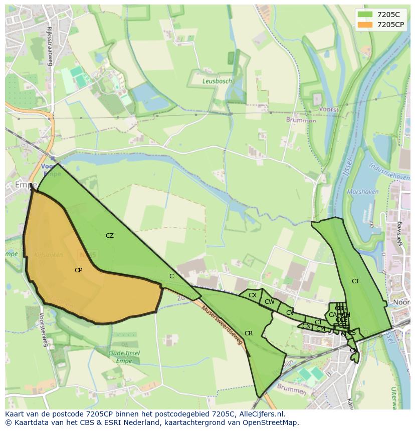Afbeelding van het postcodegebied 7205 CP op de kaart.