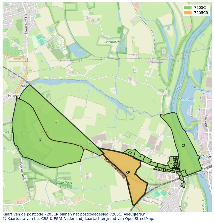 Afbeelding van het postcodegebied 7205 CR op de kaart.