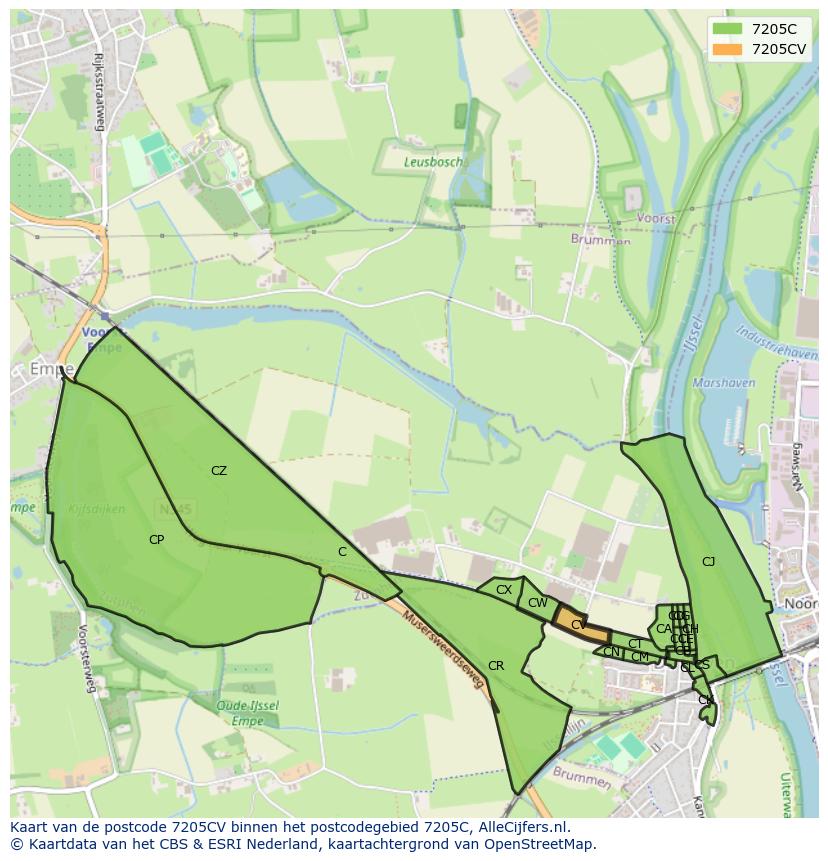 Afbeelding van het postcodegebied 7205 CV op de kaart.
