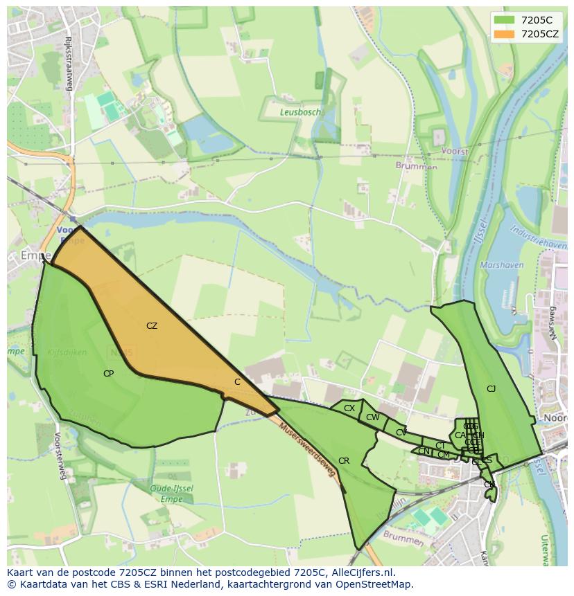 Afbeelding van het postcodegebied 7205 CZ op de kaart.