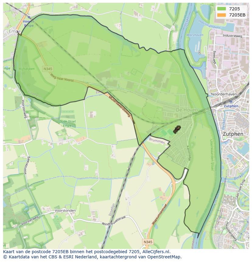Afbeelding van het postcodegebied 7205 EB op de kaart.