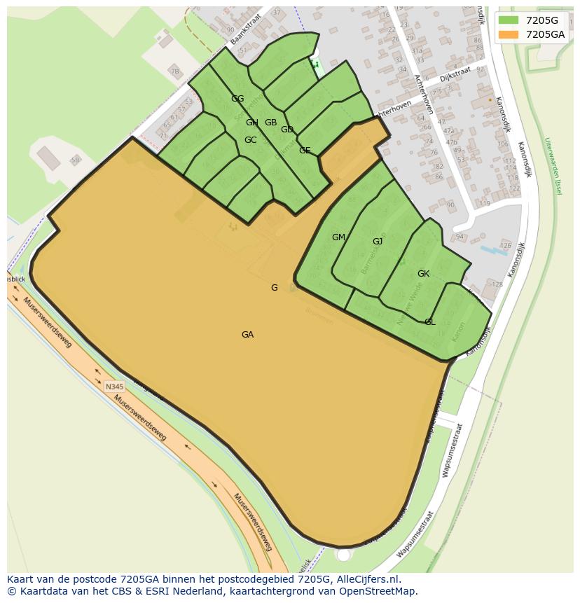 Afbeelding van het postcodegebied 7205 GA op de kaart.