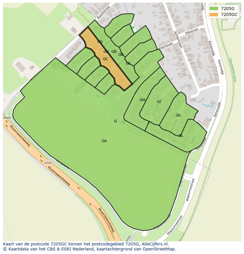 Afbeelding van het postcodegebied 7205 GC op de kaart.