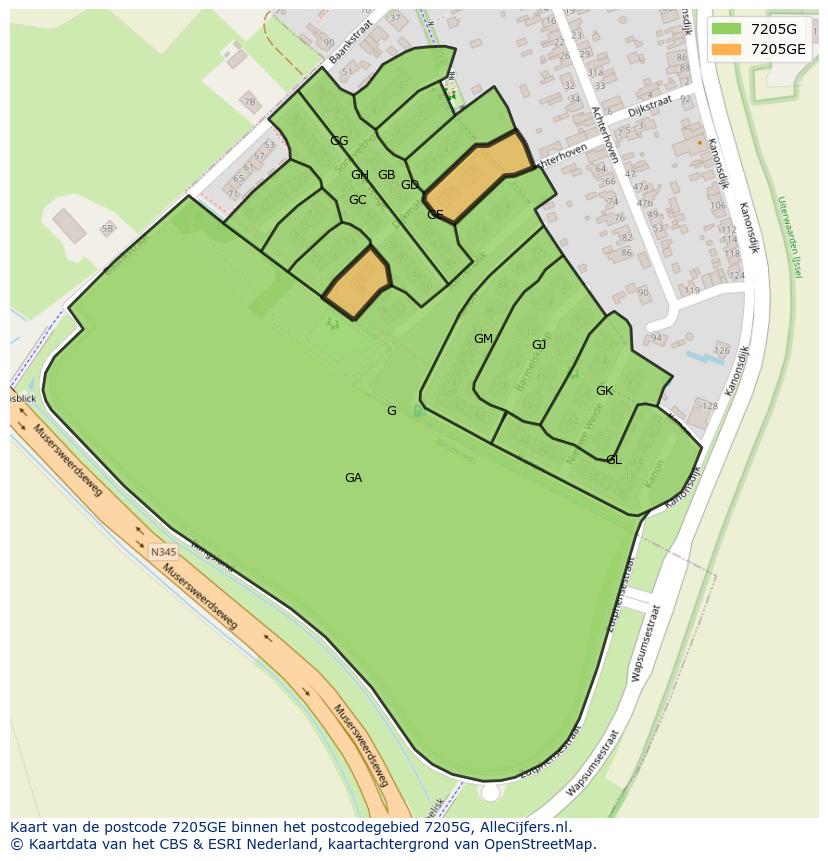Afbeelding van het postcodegebied 7205 GE op de kaart.