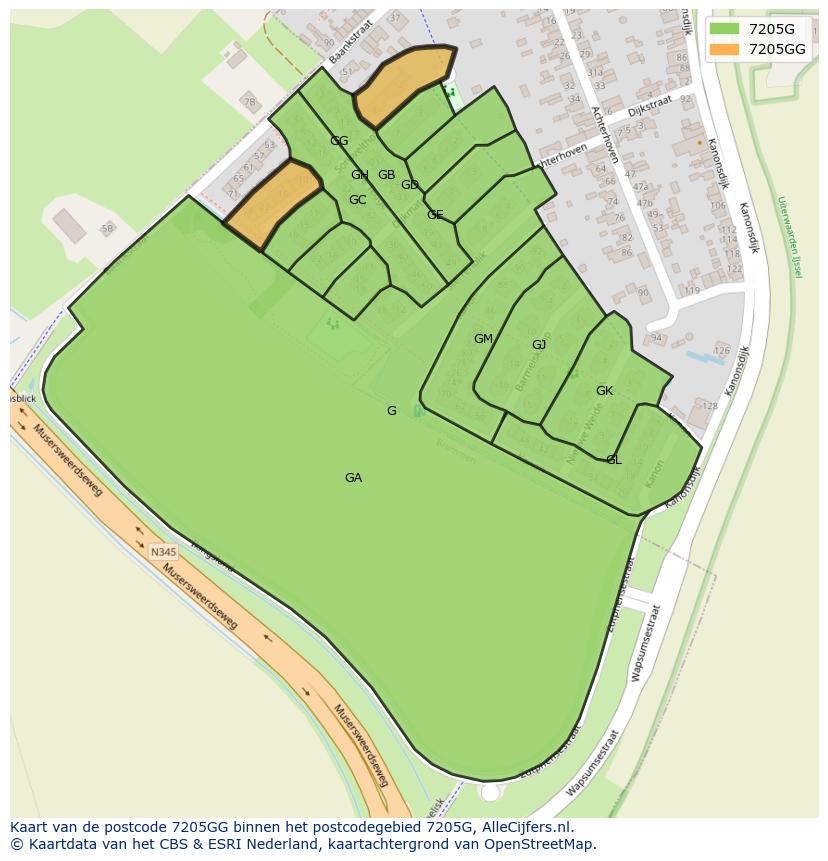 Afbeelding van het postcodegebied 7205 GG op de kaart.