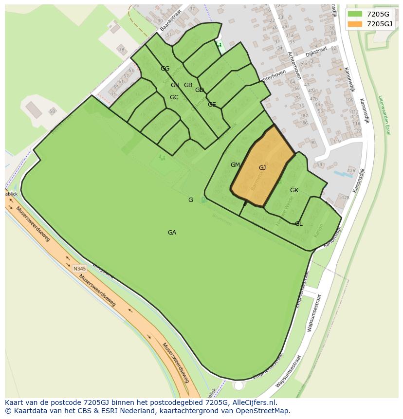 Afbeelding van het postcodegebied 7205 GJ op de kaart.