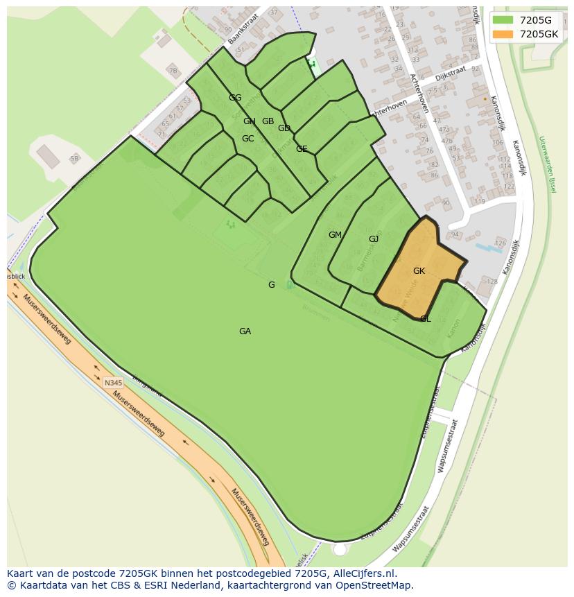 Afbeelding van het postcodegebied 7205 GK op de kaart.