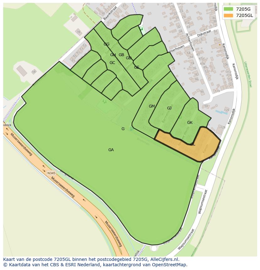 Afbeelding van het postcodegebied 7205 GL op de kaart.