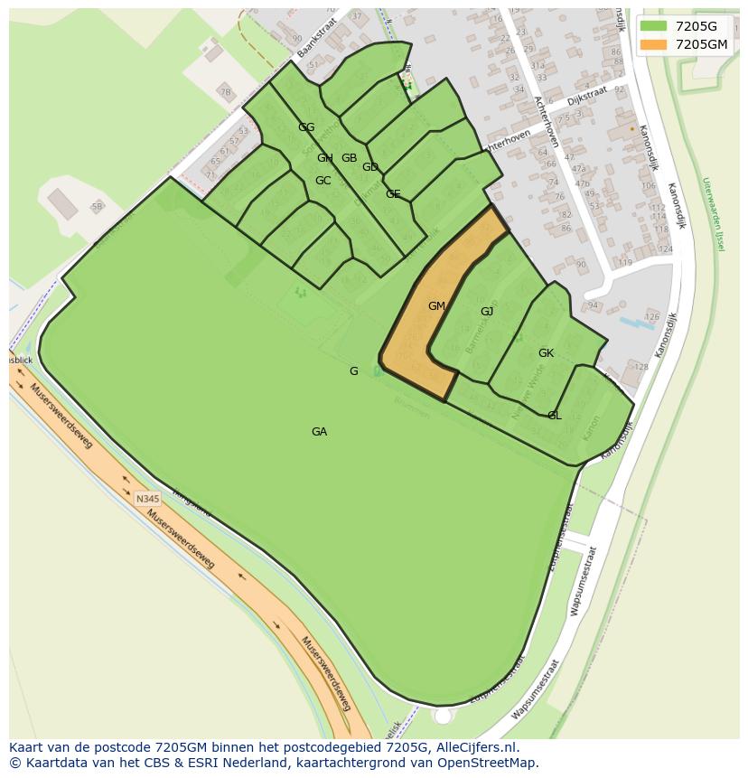 Afbeelding van het postcodegebied 7205 GM op de kaart.