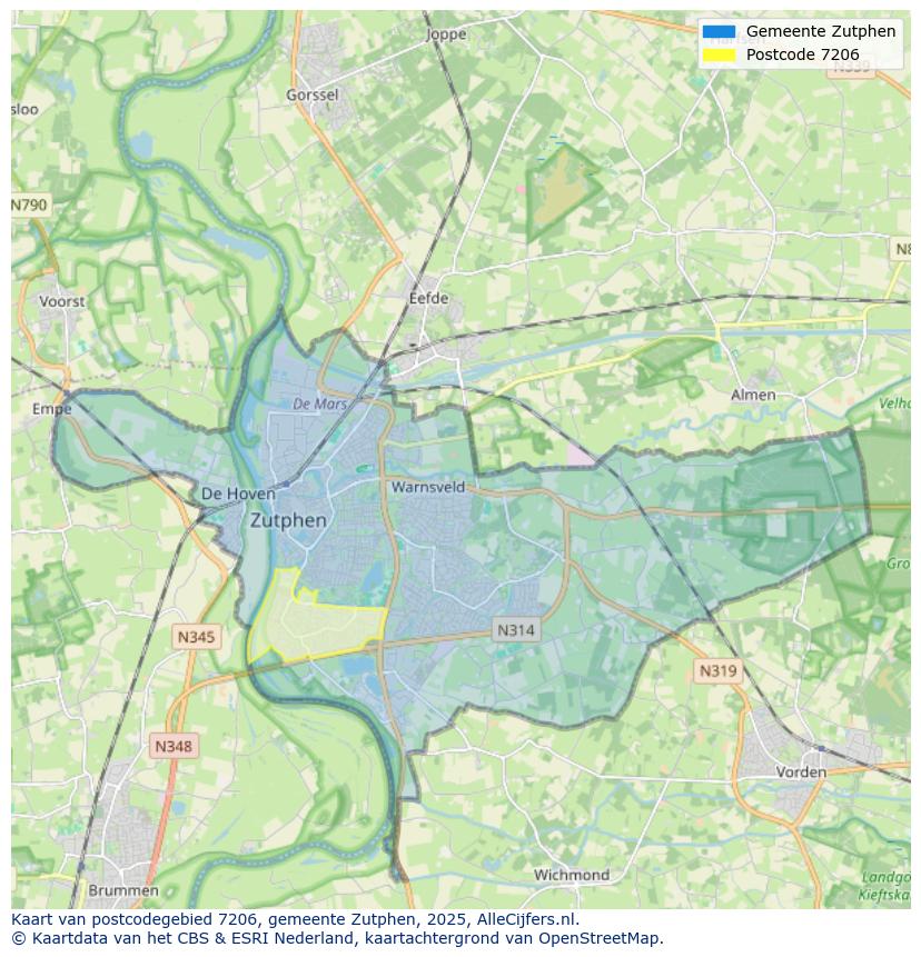Afbeelding van het postcodegebied 7206 op de kaart.