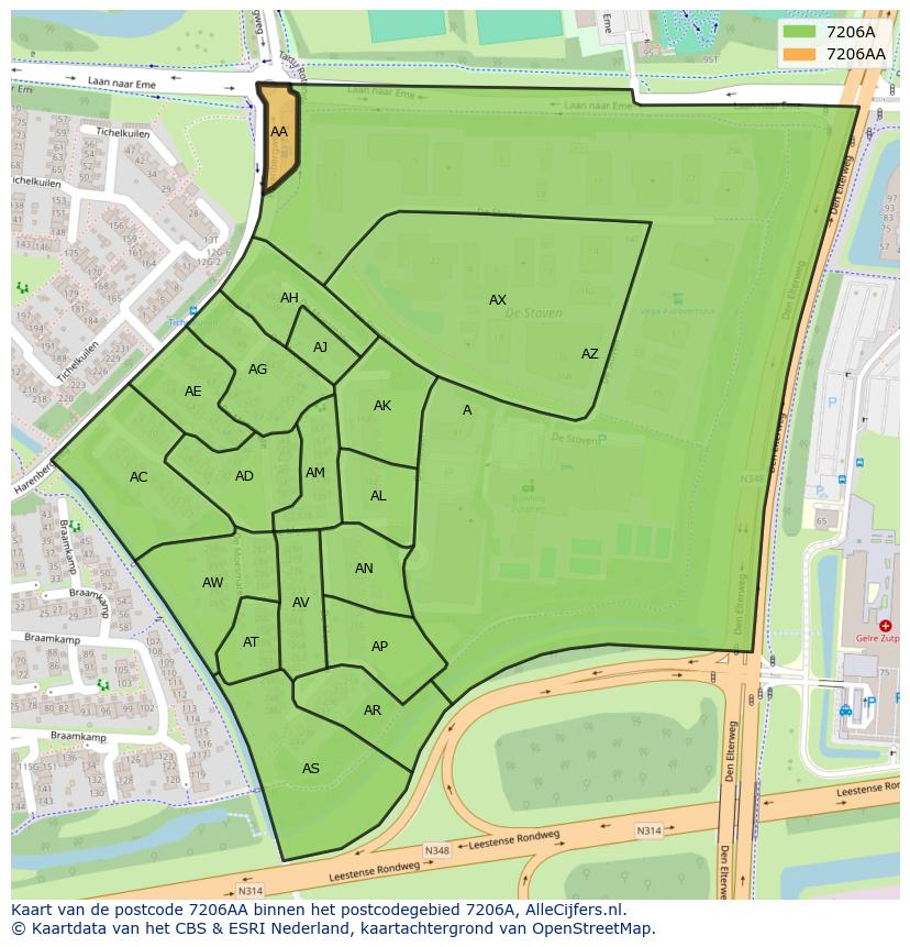 Afbeelding van het postcodegebied 7206 AA op de kaart.