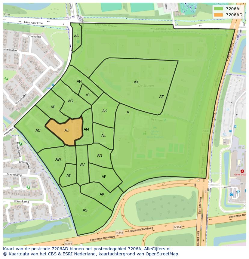 Afbeelding van het postcodegebied 7206 AD op de kaart.