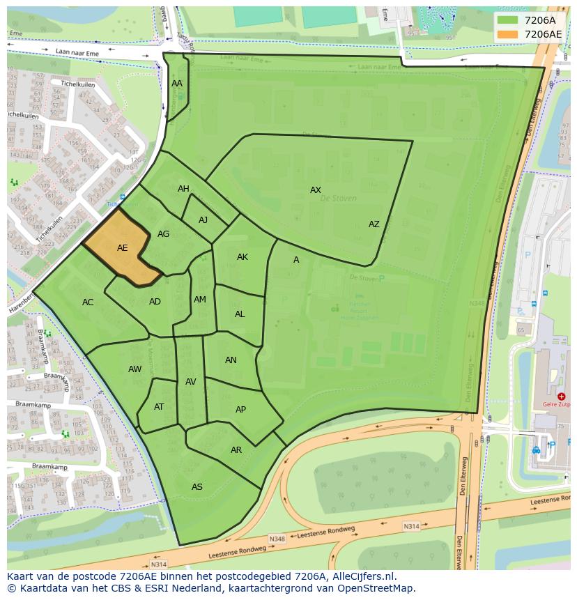 Afbeelding van het postcodegebied 7206 AE op de kaart.