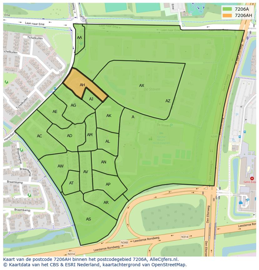 Afbeelding van het postcodegebied 7206 AH op de kaart.