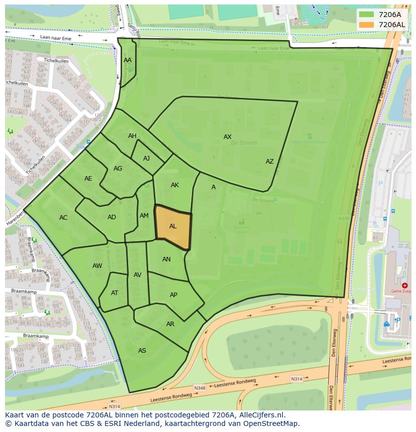 Afbeelding van het postcodegebied 7206 AL op de kaart.