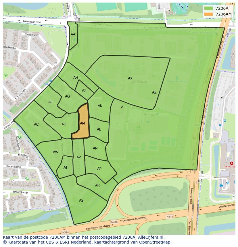 Afbeelding van het postcodegebied 7206 AM op de kaart.