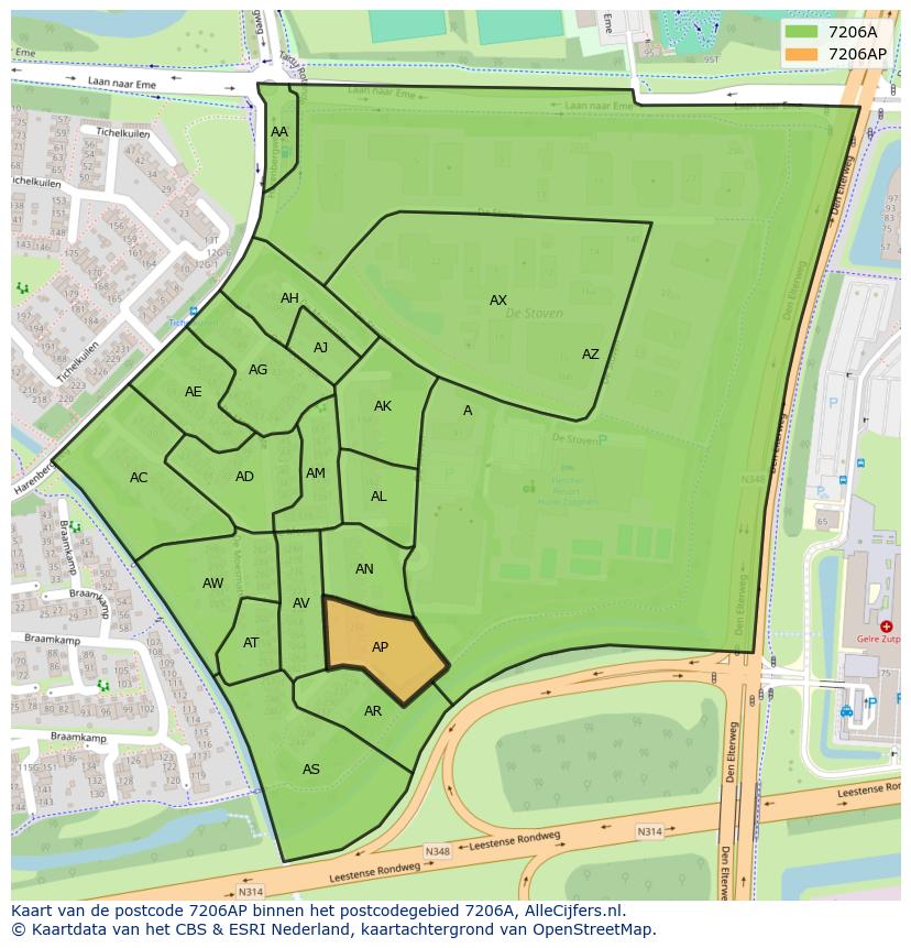 Afbeelding van het postcodegebied 7206 AP op de kaart.